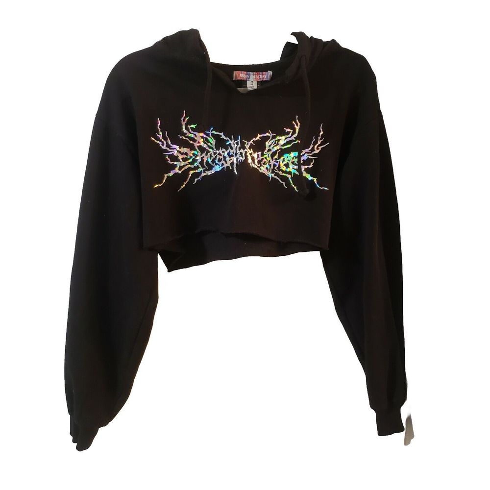 3/$25 Urban Outfitters UO Benny Heartbreaker Black Cropped Hoodie Sweatshirt Med - Picture 3 of 6